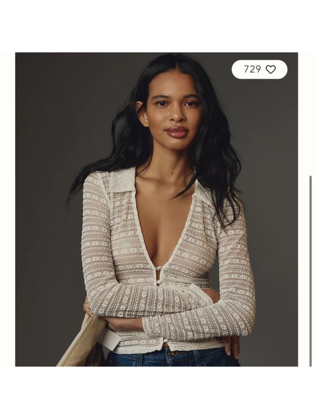 Anthropologie Ivory Sheer Lace-Trim Buttoned V-Neck Top